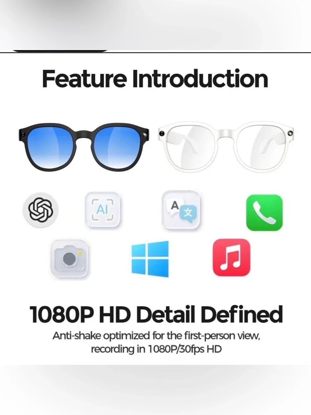 Ai Glasses 4K Hidden Camera Sunglasses - Black
